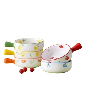 Bol din porțelan, compatibil cu microunde, cu mâner, rotund, pentru salată de fructe și tăiței, model Cartoon, logo personalizat