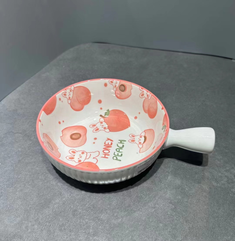 Bol din porțelan, compatibil cu microunde, cu mâner, rotund, pentru salată de fructe și tăiței, model Cartoon, logo personalizat