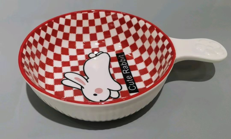 Bol din porțelan, compatibil cu microunde, cu mâner, rotund, pentru salată de fructe și tăiței, model Cartoon, logo personalizat