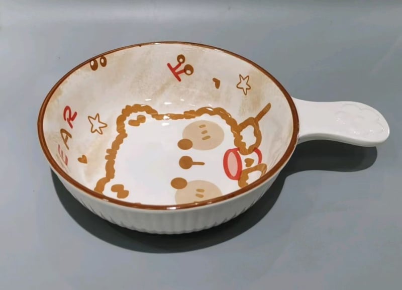 Bol din porțelan, compatibil cu microunde, cu mâner, rotund, pentru salată de fructe și tăiței, model Cartoon, logo personalizat