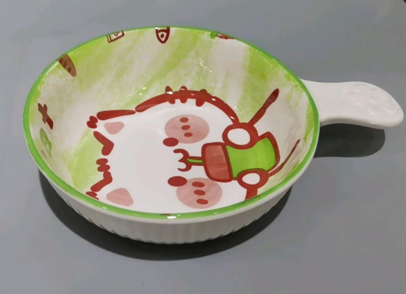Bol din porțelan, compatibil cu microunde, cu mâner, rotund, pentru salată de fructe și tăiței, model Cartoon, logo personalizat