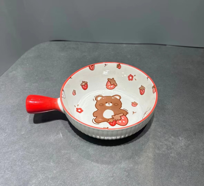 Bol din porțelan, compatibil cu microunde, cu mâner, rotund, pentru salată de fructe și tăiței, model Cartoon, logo personalizat