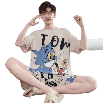 Modal мъжки летен пижамен комплект – лек топ с кръгло деколте и къси ръкави, шорти, свободна кройка, плюс размер