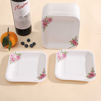 Farfurie de hârtie de unică folosință, pătrată, model albastru-alb în relief, veselă de tip alimentar pentru exterior, la grătar, picnic, fructe și gustări