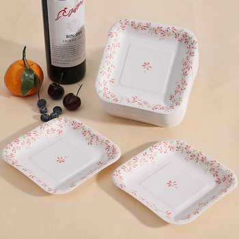 Farfurie de hârtie de unică folosință, pătrată, model albastru-alb în relief, veselă de tip alimentar pentru exterior, la grătar, picnic, fructe și gustări