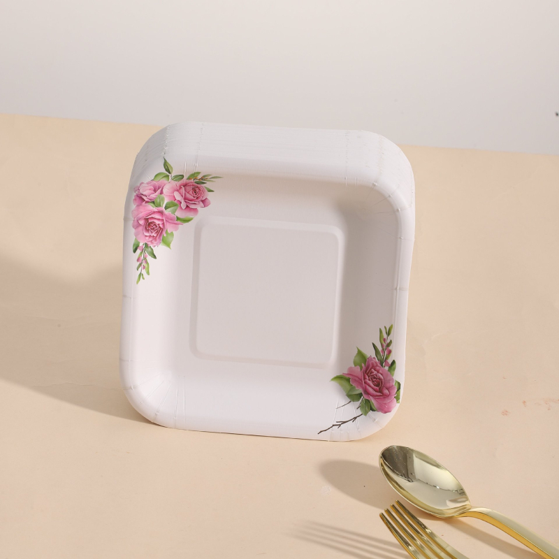 Farfurie de hârtie de unică folosință, pătrată, model albastru-alb în relief, veselă de tip alimentar pentru exterior, la grătar, picnic, fructe și gustări
