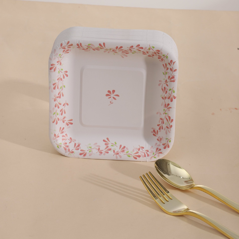 Farfurie de hârtie de unică folosință, pătrată, model albastru-alb în relief, veselă de tip alimentar pentru exterior, la grătar, picnic, fructe și gustări