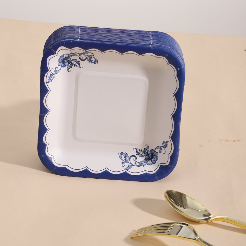 Farfurie de hârtie de unică folosință, pătrată, model albastru-alb în relief, veselă de tip alimentar pentru exterior, la grătar, picnic, fructe și gustări