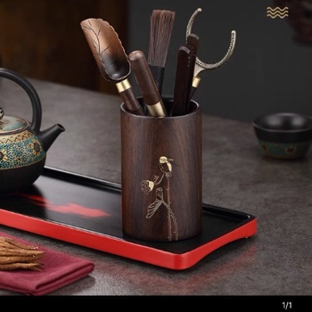 Set accesorii Gongfu pentru ceremonia ceaiului, din lemn de abanos și nuc, colecția celor șase domni – set de cuțite pentru ceai și pensulă de îngrijire a ceainicei