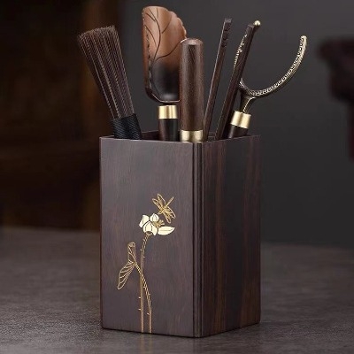 Set accesorii Gongfu pentru ceremonia ceaiului, din lemn de abanos și nuc, colecția celor șase domni – set de cuțite pentru ceai și pensulă de îngrijire a ceainicei