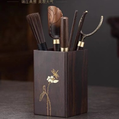 Set accesorii Gongfu pentru ceremonia ceaiului, din lemn de abanos și nuc, colecția celor șase domni – set de cuțite pentru ceai și pensulă de îngrijire a ceainicei