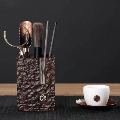 Set accesorii Gongfu pentru ceremonia ceaiului, din lemn de abanos și nuc, colecția celor șase domni – set de cuțite pentru ceai și pensulă de îngrijire a ceainicei