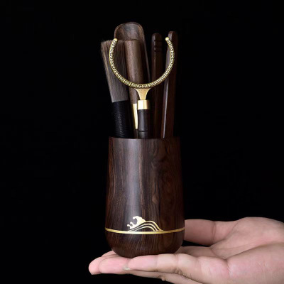 Set accesorii Gongfu pentru ceremonia ceaiului, din lemn de abanos și nuc, colecția celor șase domni – set de cuțite pentru ceai și pensulă de îngrijire a ceainicei
