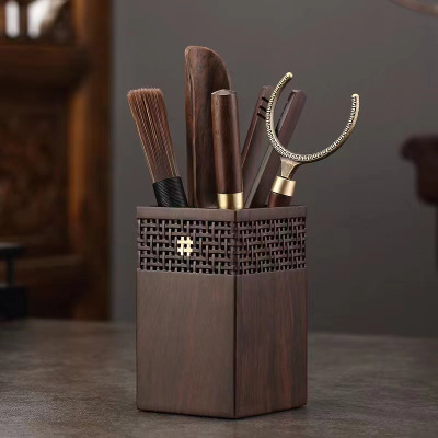 Set accesorii Gongfu pentru ceremonia ceaiului, din lemn de abanos și nuc, colecția celor șase domni – set de cuțite pentru ceai și pensulă de îngrijire a ceainicei