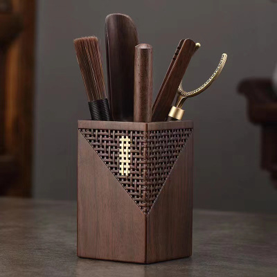 Set accesorii Gongfu pentru ceremonia ceaiului, din lemn de abanos și nuc, colecția celor șase domni – set de cuțite pentru ceai și pensulă de îngrijire a ceainicei