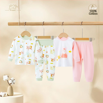 Detský bavlnený pyžamový set na jar a jeseň, unisex, s vysokým pásom pre zahrievanie bruška, vrchný diel a nohavice s karikatúrnym motívom