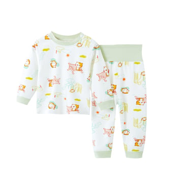 Set de pijamale din bumbac pentru copii, primăvară-toamnă, unisex, top și pantaloni cu imprimeu desen animat, talie înaltă pentru protecția abdomenului