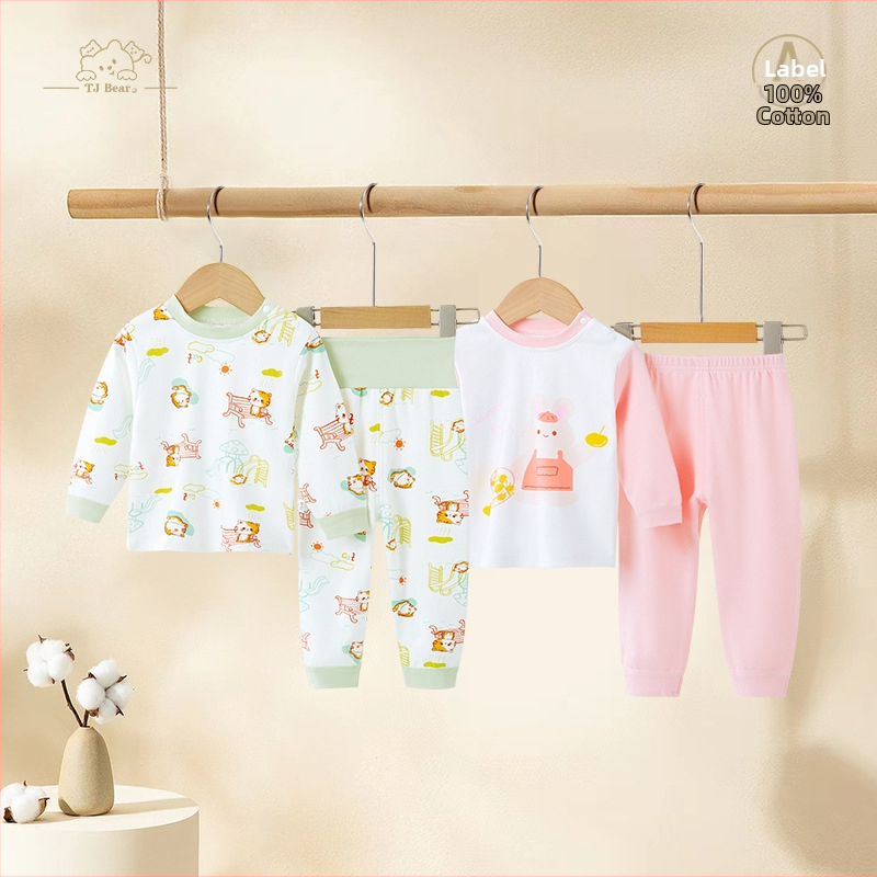 Detský bavlnený pyžamový set na jar a jeseň, unisex, s vysokým pásom pre zahrievanie bruška, vrchný diel a nohavice s karikatúrnym motívom
