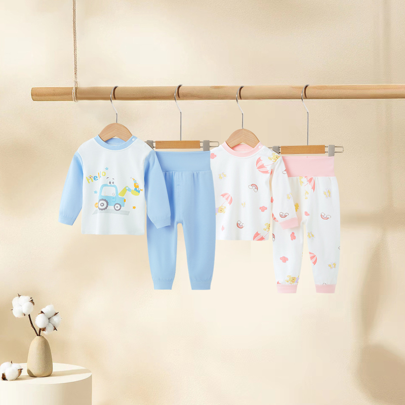 Set de pijamale din bumbac pentru copii, primăvară-toamnă, unisex, top și pantaloni cu imprimeu desen animat, talie înaltă pentru protecția abdomenului
