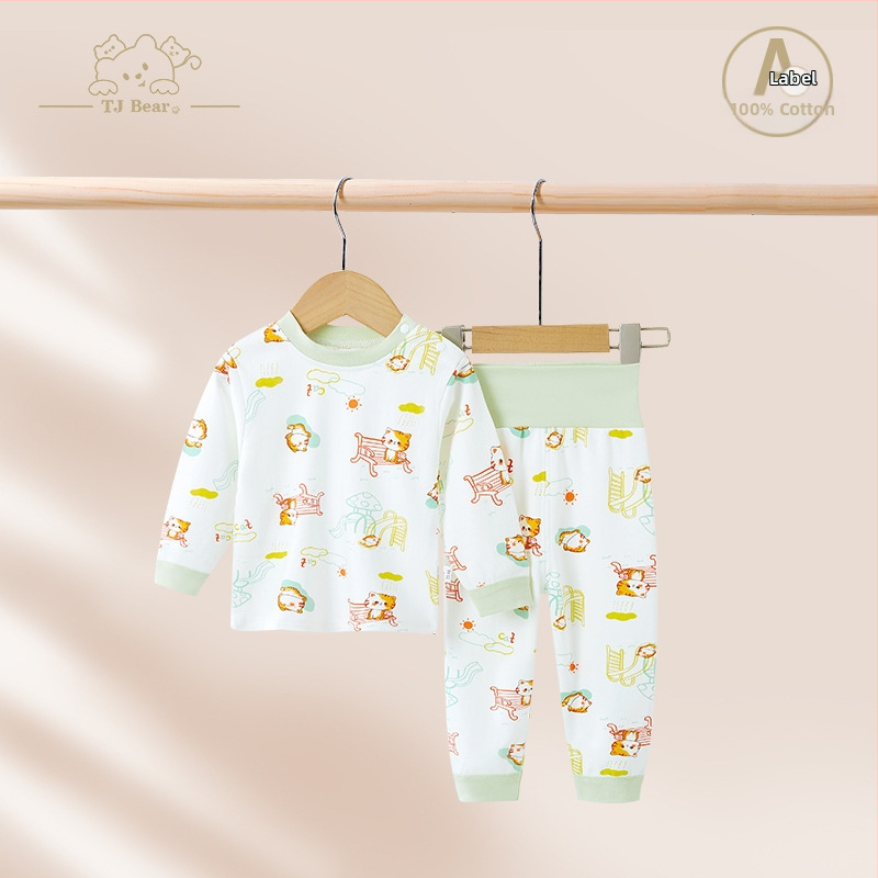 Detský bavlnený pyžamový set na jar a jeseň, unisex, s vysokým pásom pre zahrievanie bruška, vrchný diel a nohavice s karikatúrnym motívom