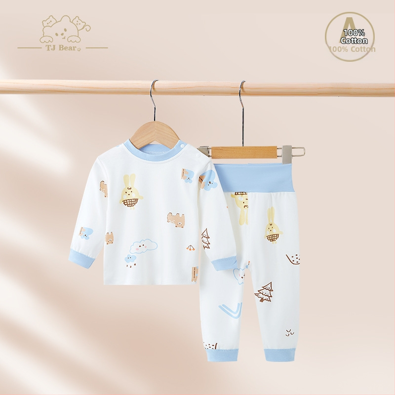 Detský bavlnený pyžamový set na jar a jeseň, unisex, s vysokým pásom pre zahrievanie bruška, vrchný diel a nohavice s karikatúrnym motívom