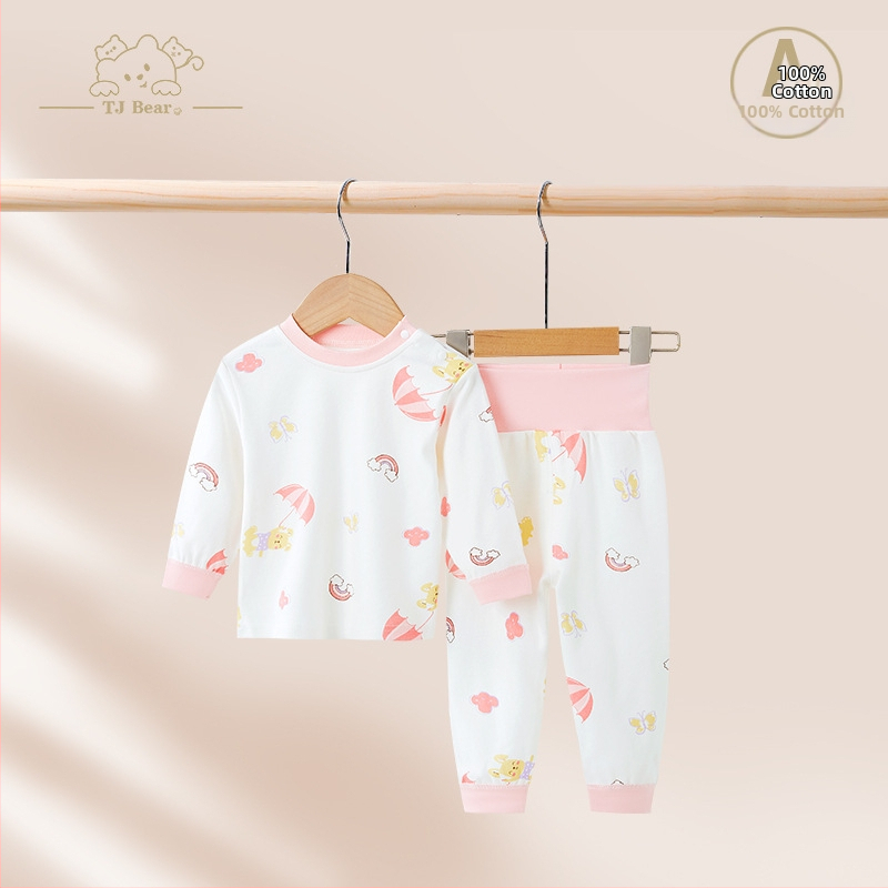 Detský bavlnený pyžamový set na jar a jeseň, unisex, s vysokým pásom pre zahrievanie bruška, vrchný diel a nohavice s karikatúrnym motívom
