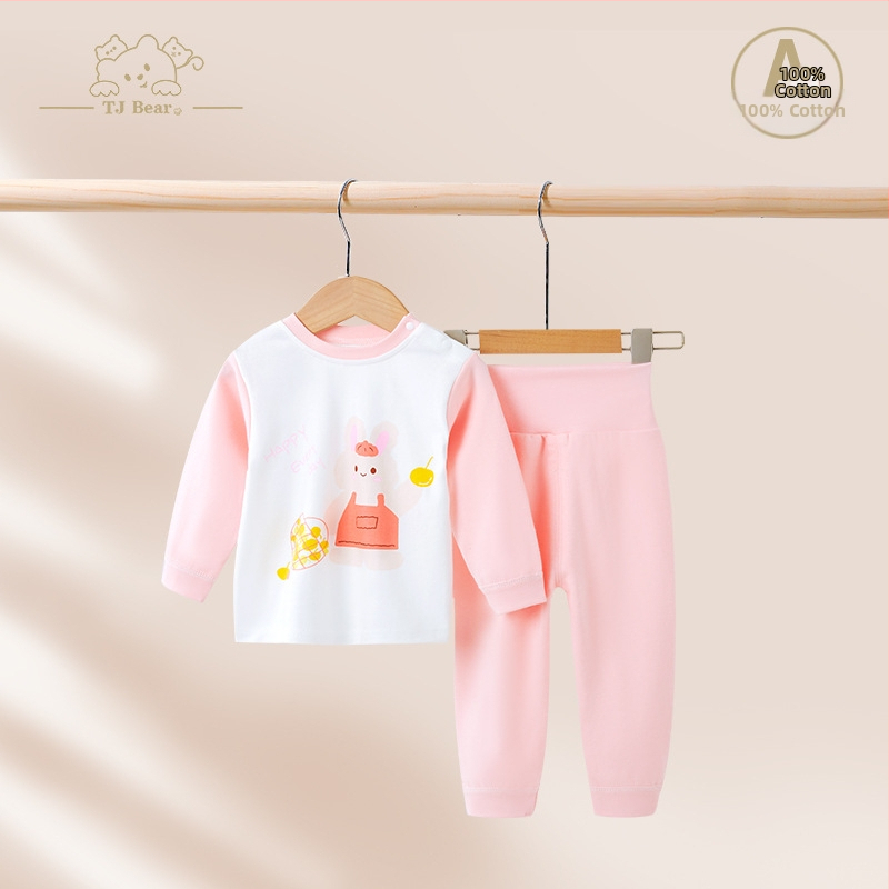 Detský bavlnený pyžamový set na jar a jeseň, unisex, s vysokým pásom pre zahrievanie bruška, vrchný diel a nohavice s karikatúrnym motívom
