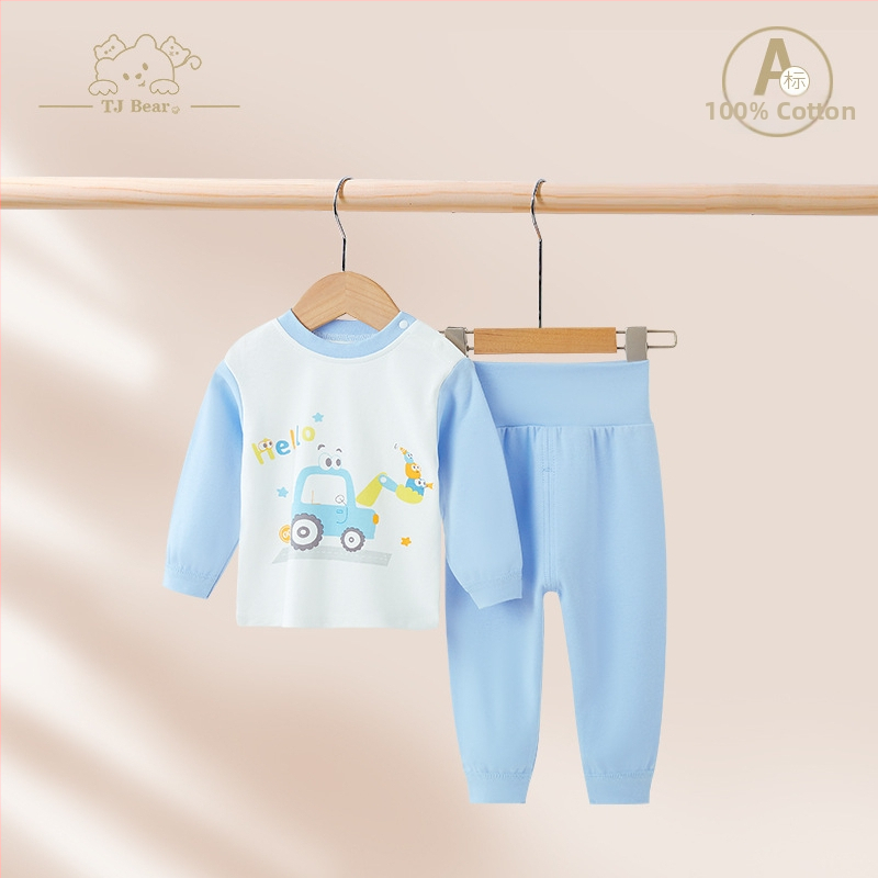 Detský bavlnený pyžamový set na jar a jeseň, unisex, s vysokým pásom pre zahrievanie bruška, vrchný diel a nohavice s karikatúrnym motívom