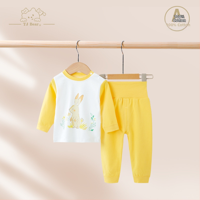 Detský bavlnený pyžamový set na jar a jeseň, unisex, s vysokým pásom pre zahrievanie bruška, vrchný diel a nohavice s karikatúrnym motívom