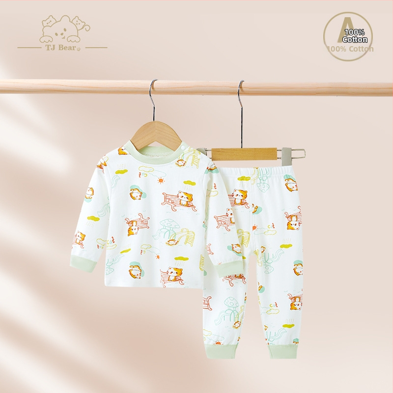 Detský bavlnený pyžamový set na jar a jeseň, unisex, s vysokým pásom pre zahrievanie bruška, vrchný diel a nohavice s karikatúrnym motívom