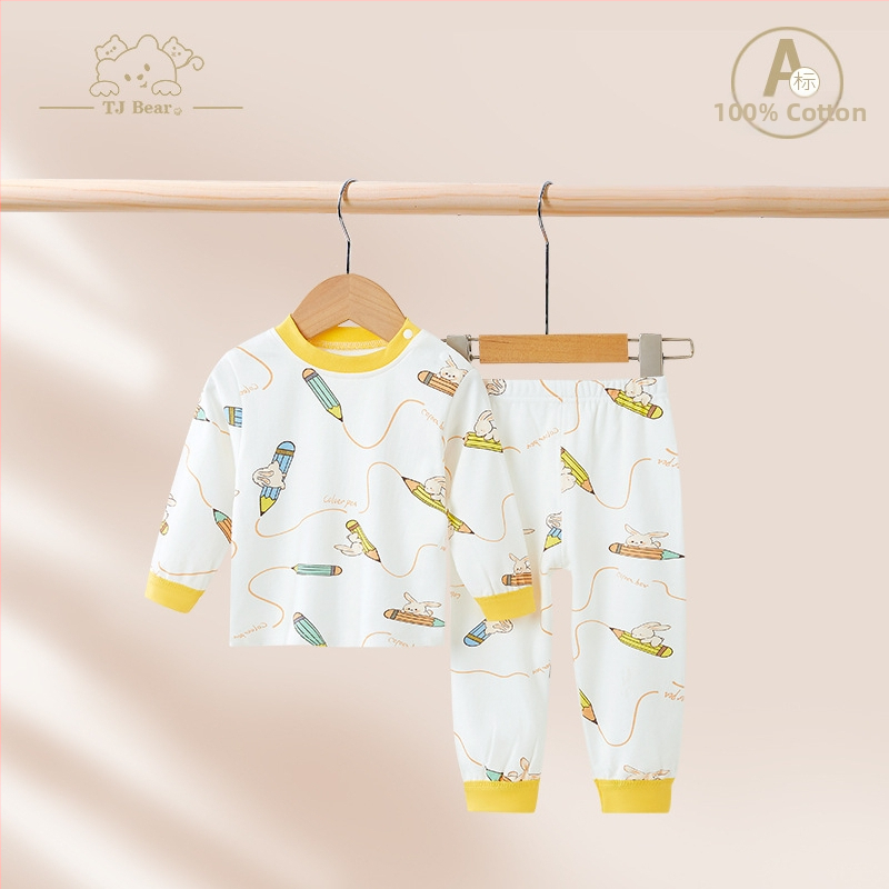 Detský bavlnený pyžamový set na jar a jeseň, unisex, s vysokým pásom pre zahrievanie bruška, vrchný diel a nohavice s karikatúrnym motívom