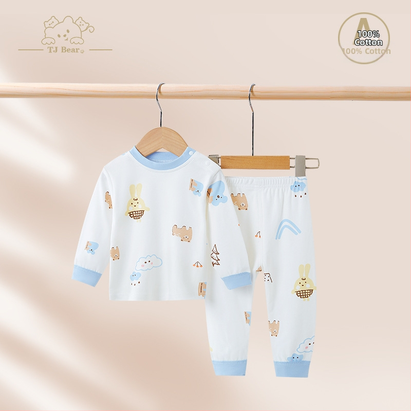 Detský bavlnený pyžamový set na jar a jeseň, unisex, s vysokým pásom pre zahrievanie bruška, vrchný diel a nohavice s karikatúrnym motívom