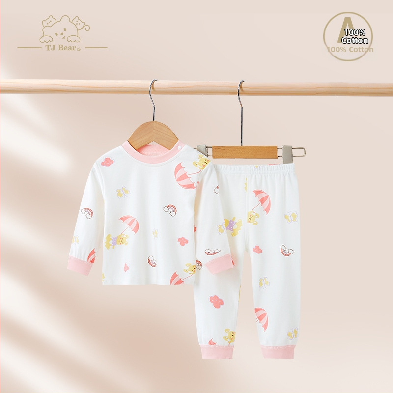 Detský bavlnený pyžamový set na jar a jeseň, unisex, s vysokým pásom pre zahrievanie bruška, vrchný diel a nohavice s karikatúrnym motívom