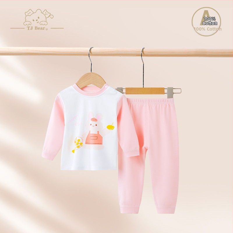 Detský bavlnený pyžamový set na jar a jeseň, unisex, s vysokým pásom pre zahrievanie bruška, vrchný diel a nohavice s karikatúrnym motívom