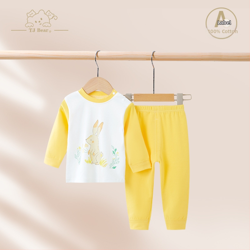 Detský bavlnený pyžamový set na jar a jeseň, unisex, s vysokým pásom pre zahrievanie bruška, vrchný diel a nohavice s karikatúrnym motívom