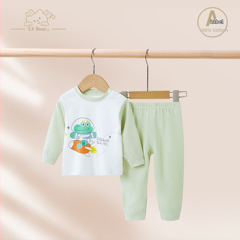 Detský bavlnený pyžamový set na jar a jeseň, unisex, s vysokým pásom pre zahrievanie bruška, vrchný diel a nohavice s karikatúrnym motívom