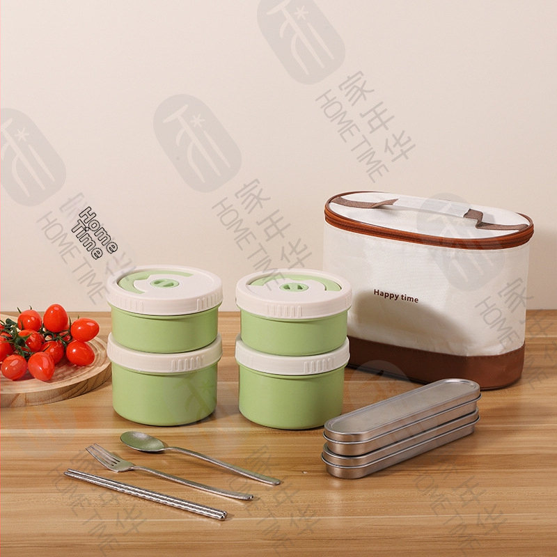 Lunch box od titana, okruglog oblika, četiri odjeljka, izoliran, jednostavan za čišćenje, kapacitet 301–500 ml, mikrovalna sigurnost, mogućnost prilagodbe logotipa, moderan minimalistički stil, prijenosno za vanjske potrebe