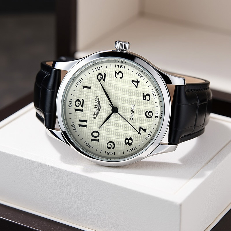 Binlihuan muški kvarcni sat s kožnom narukvicom, vodootporan, okrugli brojčanik promjera 41 mm, debljina 9 mm, kućište od legure, kopča s iglom