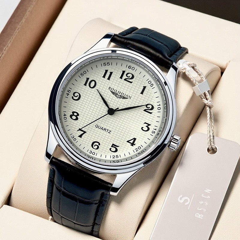 Binlihuan muški kvarcni sat s kožnom narukvicom, vodootporan, okrugli brojčanik promjera 41 mm, debljina 9 mm, kućište od legure, kopča s iglom