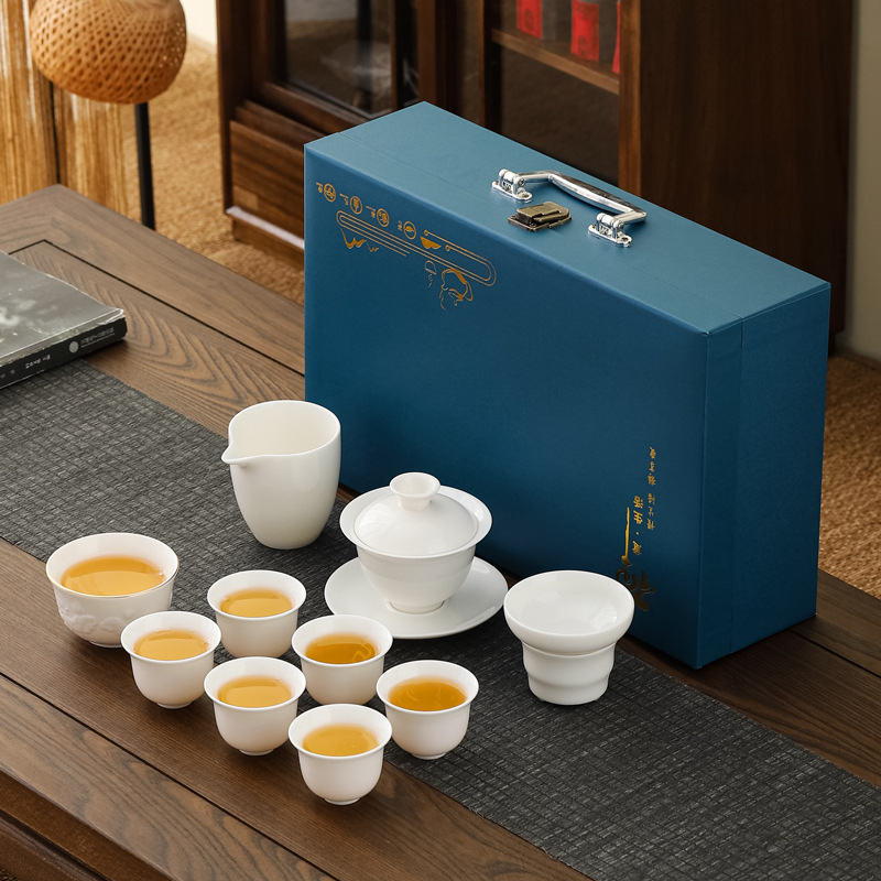 Set ceai Kung Fu din porțelan alb Dehua – set complet minimalist, cu bol cu capac și cești, cadou elegant