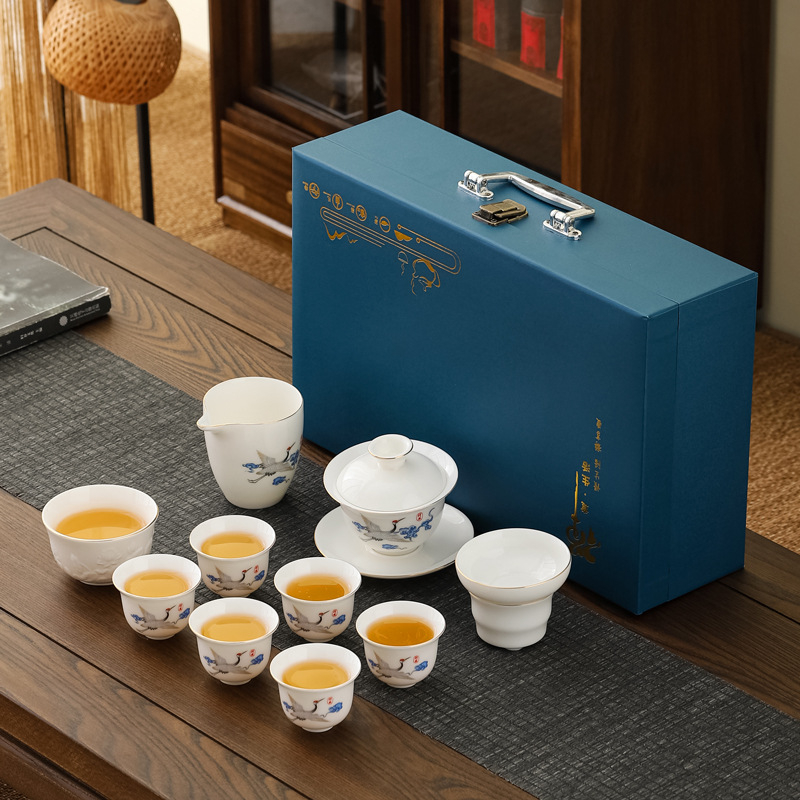 Set ceai Kung Fu din porțelan alb Dehua – set complet minimalist, cu bol cu capac și cești, cadou elegant