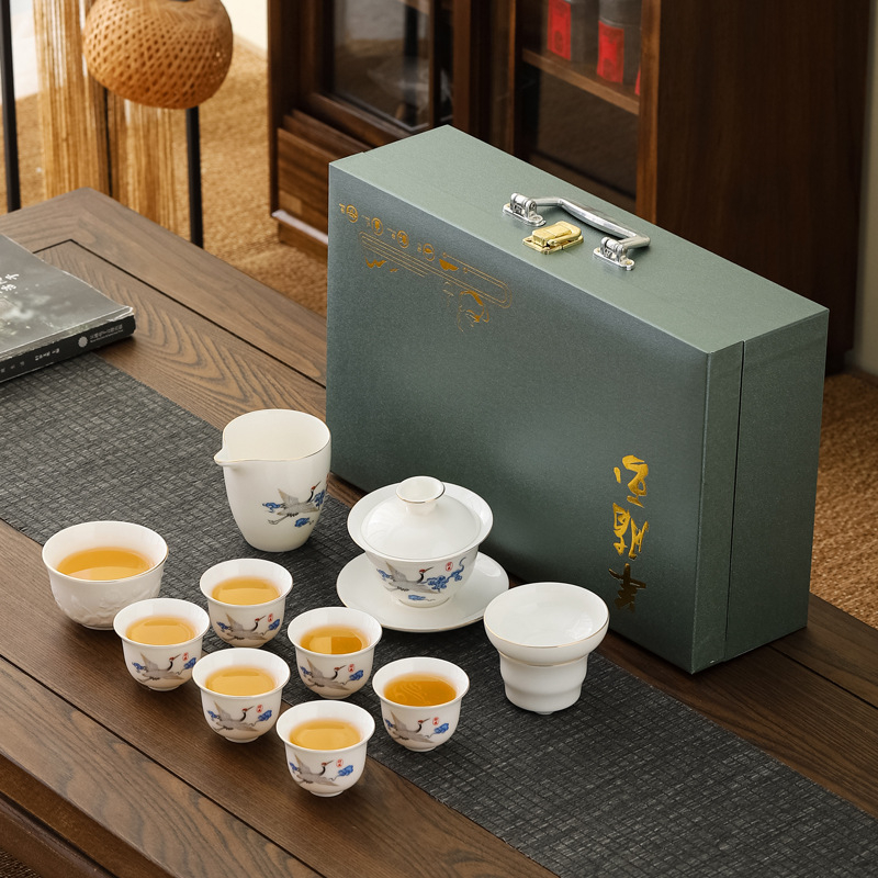 Set ceai Kung Fu din porțelan alb Dehua – set complet minimalist, cu bol cu capac și cești, cadou elegant