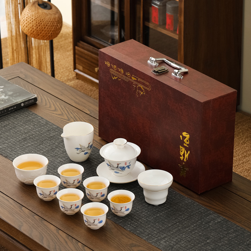 Set ceai Kung Fu din porțelan alb Dehua – set complet minimalist, cu bol cu capac și cești, cadou elegant