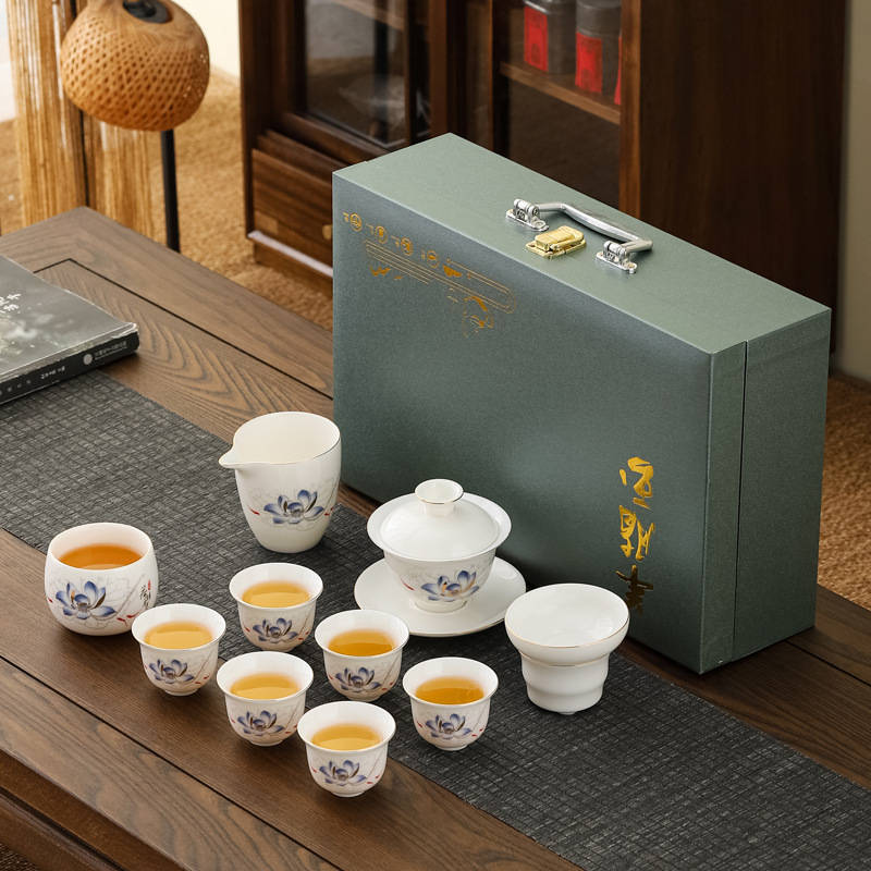 Set ceai Kung Fu din porțelan alb Dehua – set complet minimalist, cu bol cu capac și cești, cadou elegant