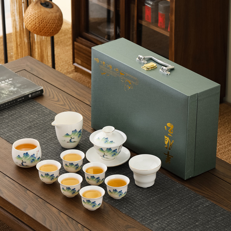 Set ceai Kung Fu din porțelan alb Dehua – set complet minimalist, cu bol cu capac și cești, cadou elegant