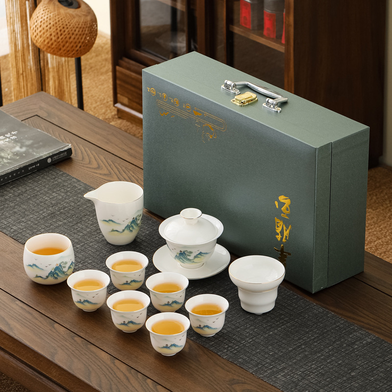 Set ceai Kung Fu din porțelan alb Dehua – set complet minimalist, cu bol cu capac și cești, cadou elegant