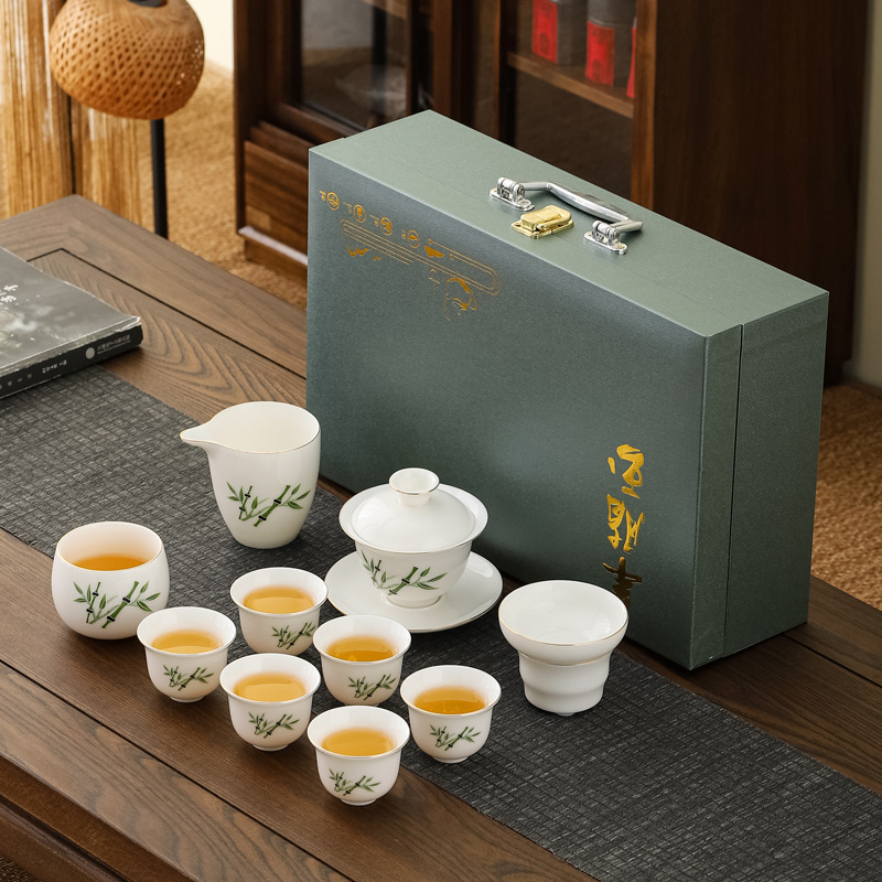 Set ceai Kung Fu din porțelan alb Dehua – set complet minimalist, cu bol cu capac și cești, cadou elegant