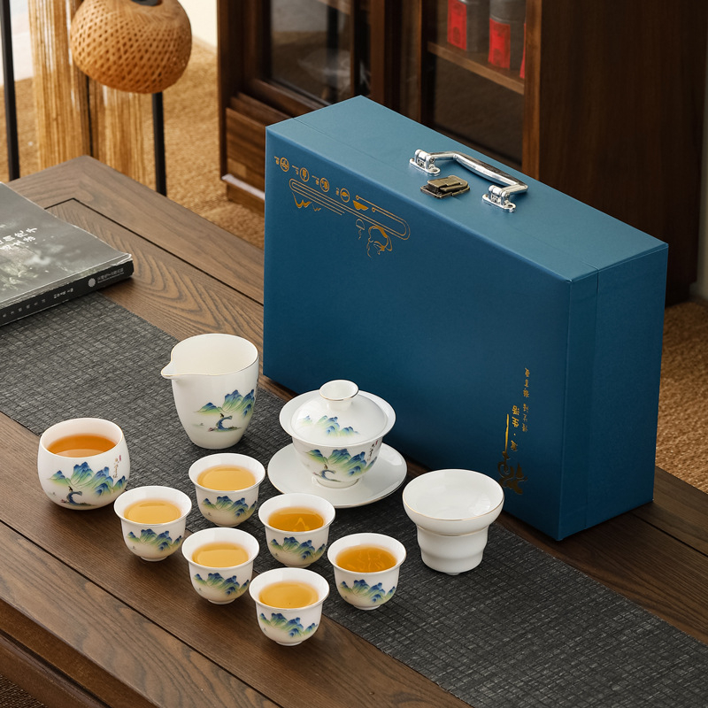 Set ceai Kung Fu din porțelan alb Dehua – set complet minimalist, cu bol cu capac și cești, cadou elegant
