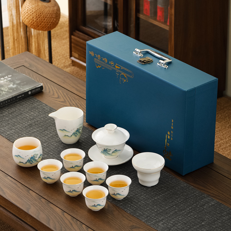 Set ceai Kung Fu din porțelan alb Dehua – set complet minimalist, cu bol cu capac și cești, cadou elegant