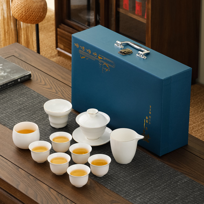Set ceai Kung Fu din porțelan alb Dehua – set complet minimalist, cu bol cu capac și cești, cadou elegant